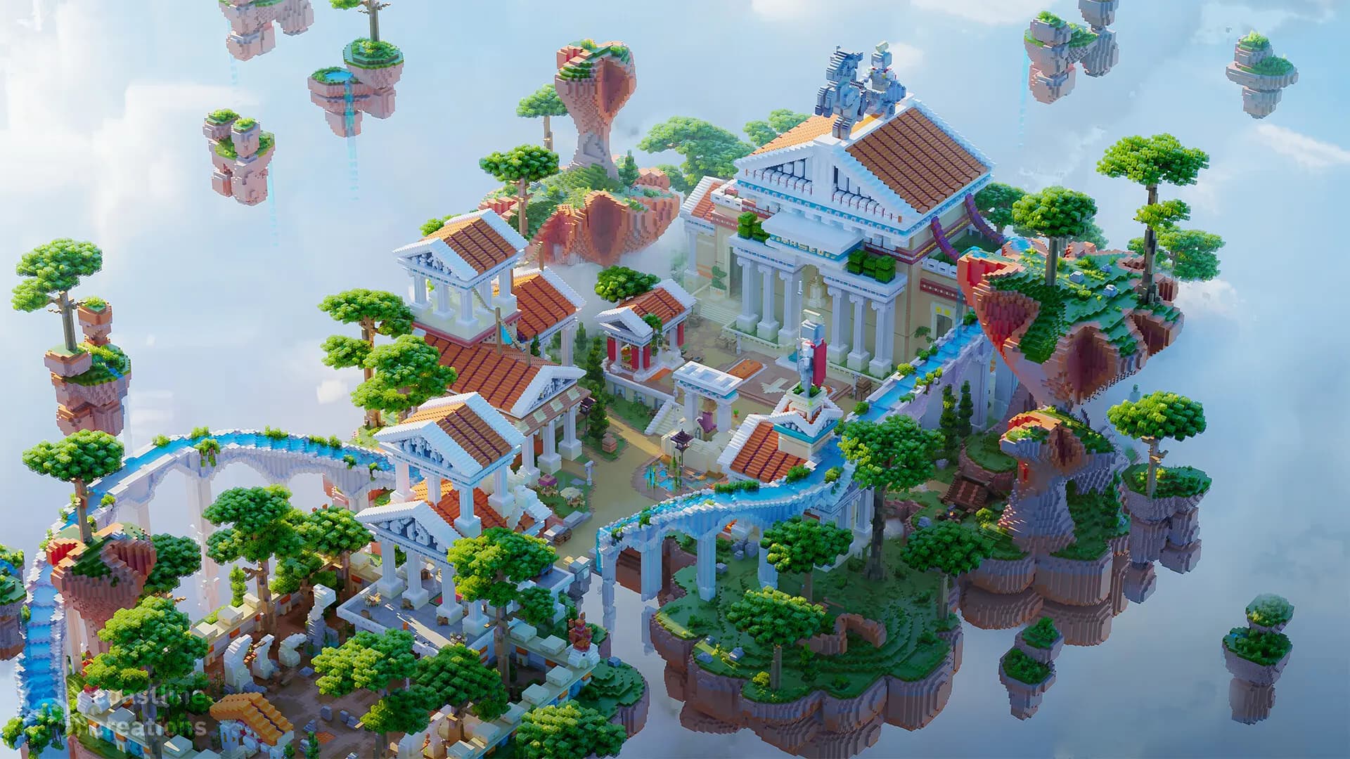 Greek-inspired Minecraft temples and gardens on floating islands